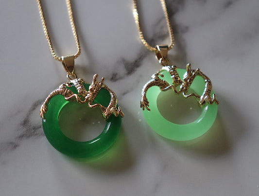 Green Dragon Jade Necklace in Gold